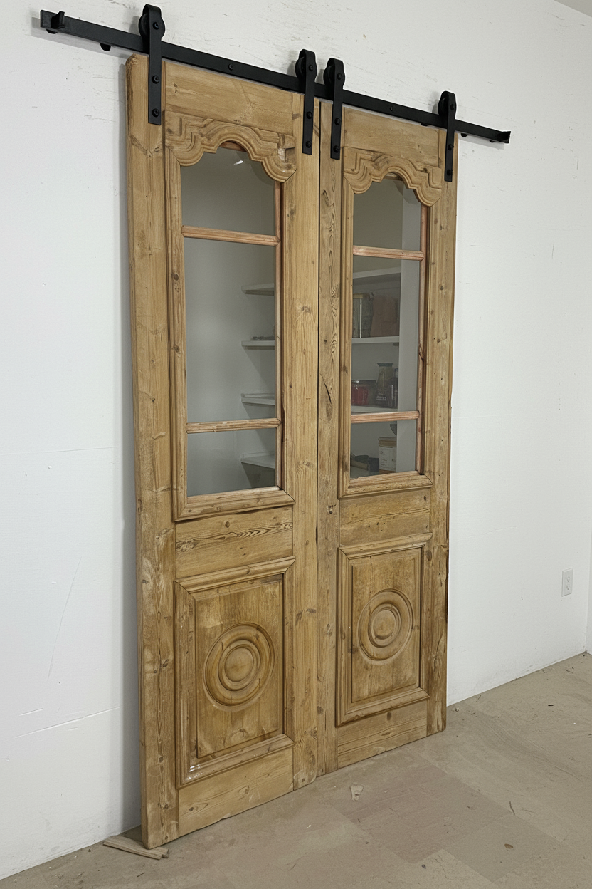 Antique French panel doors with Glass and carvings (91 x 51.5) P8