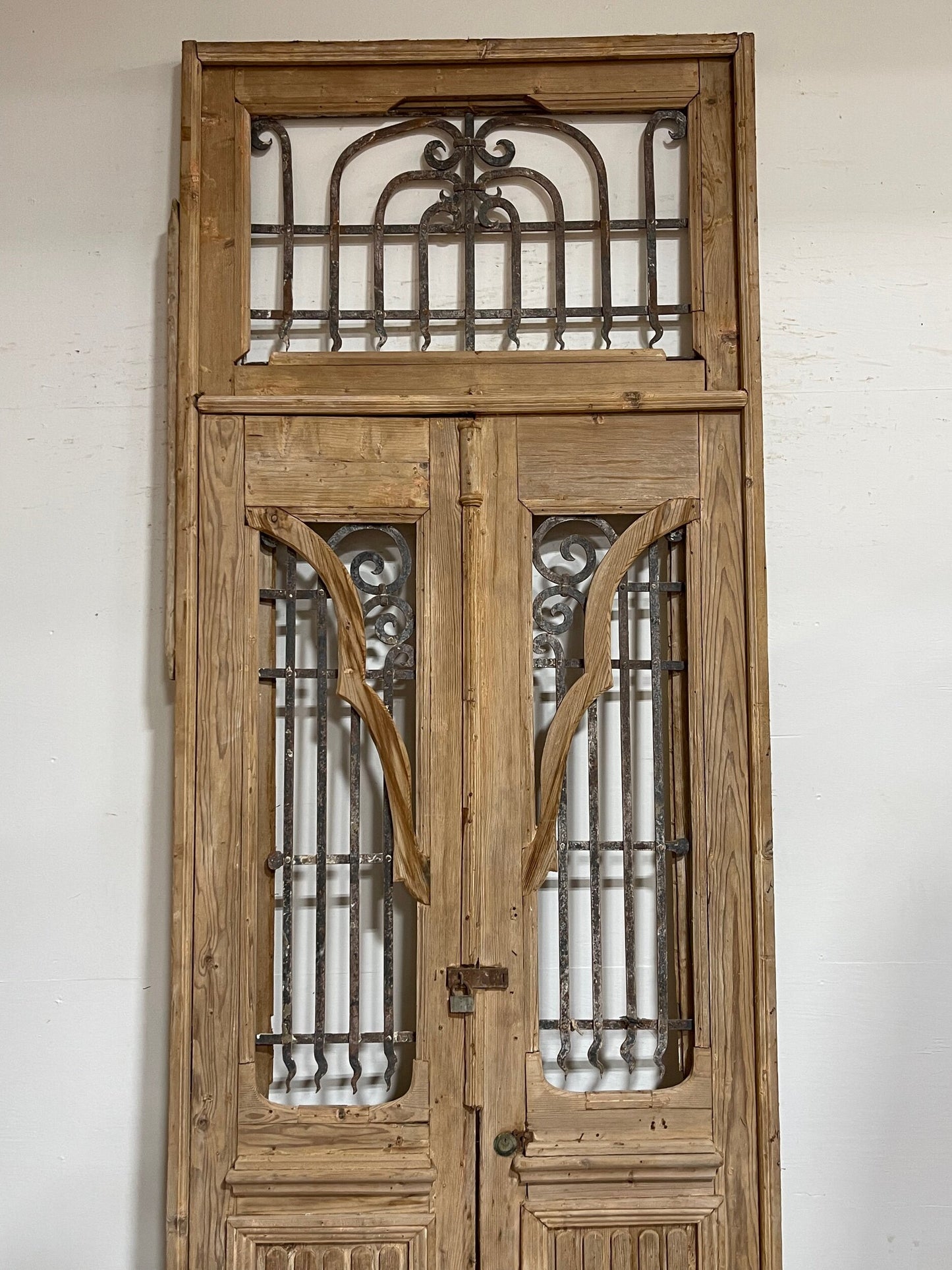 Antique French panel doors with iron in frame with transom (125x46.75) I199