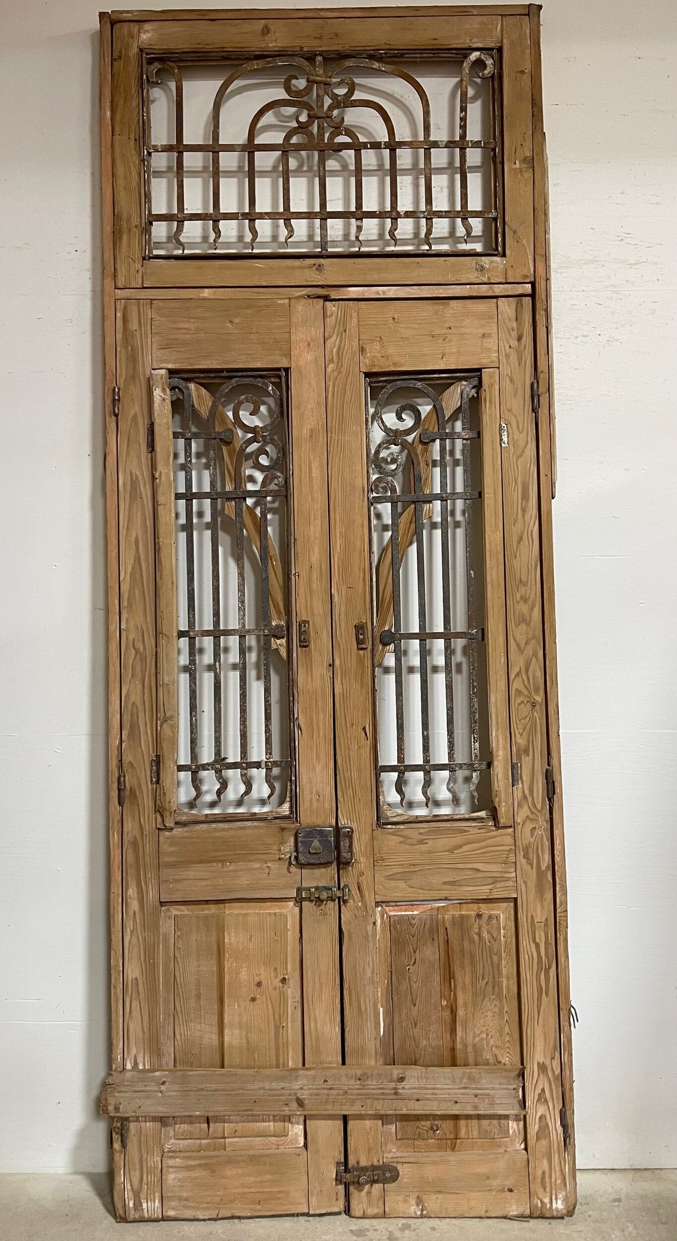 Antique French panel doors with iron in frame with transom (125x46.75) I199