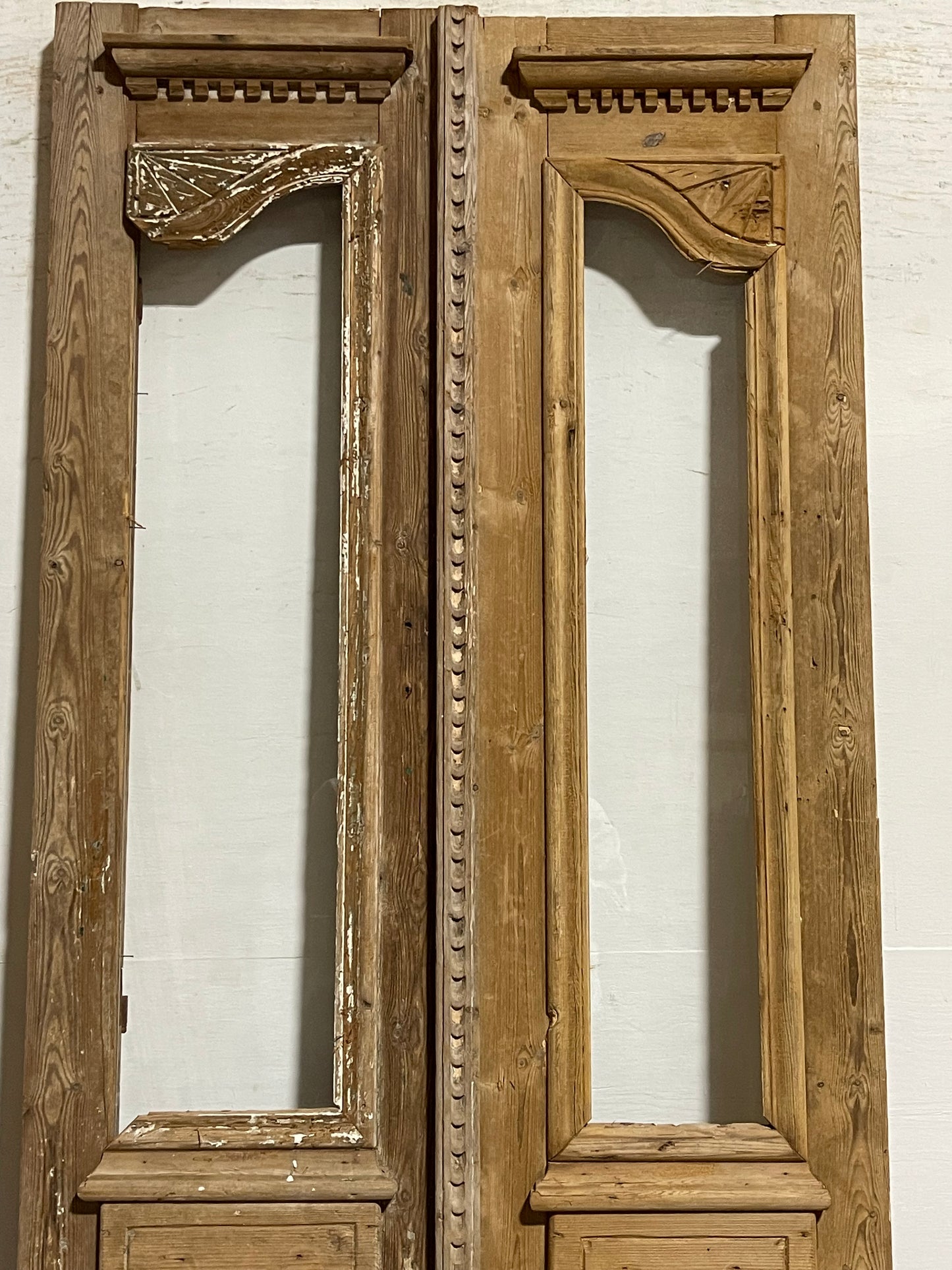 Antique French panel doors with glass and carving (91x36.75) L102