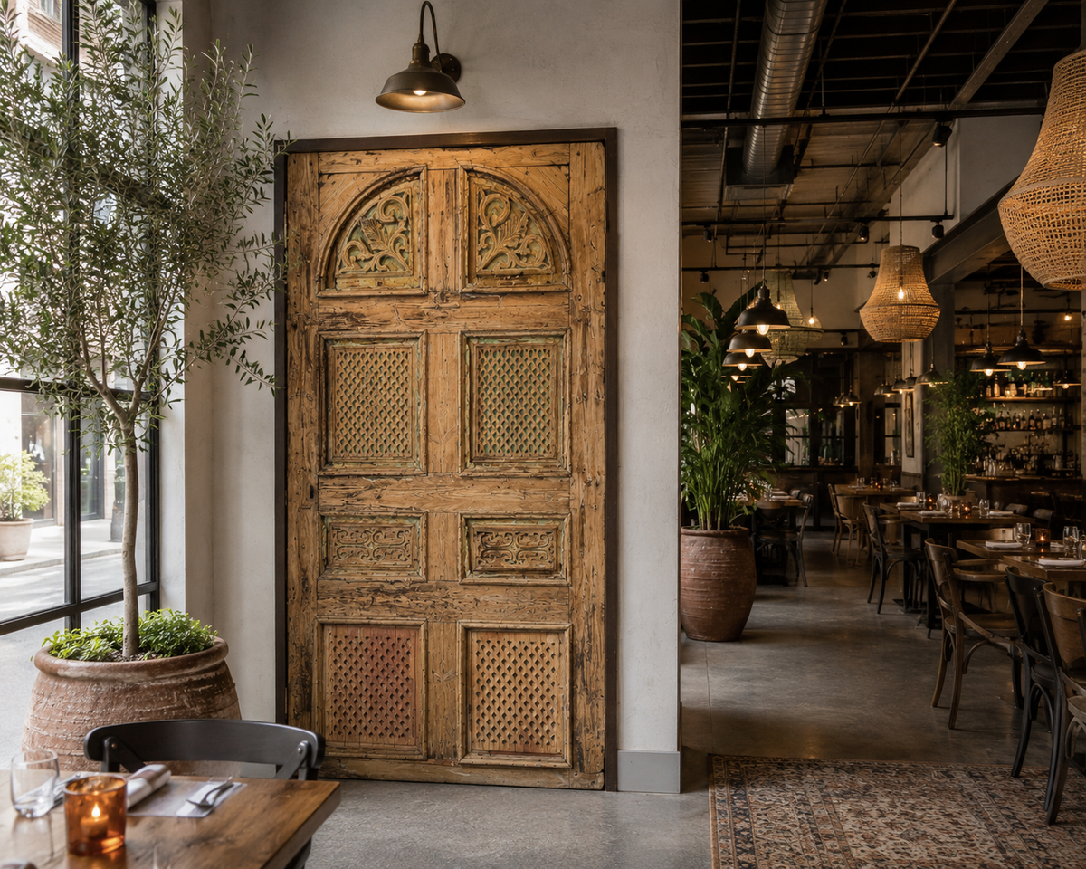 Antique French panel door with carvings (105x58) P130