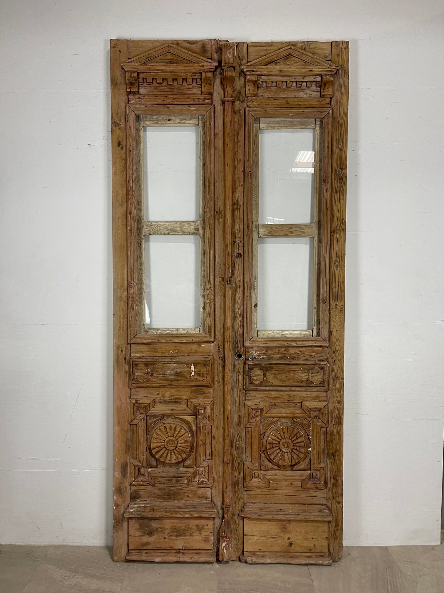 Antique French panel doors with Glass and Carvings  (104.5 x 47) O65