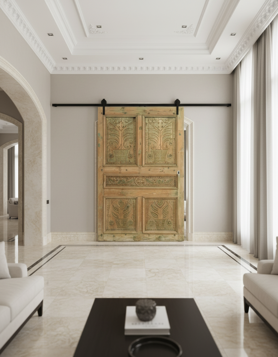 Antique French panel door with carvings (101x63) P132