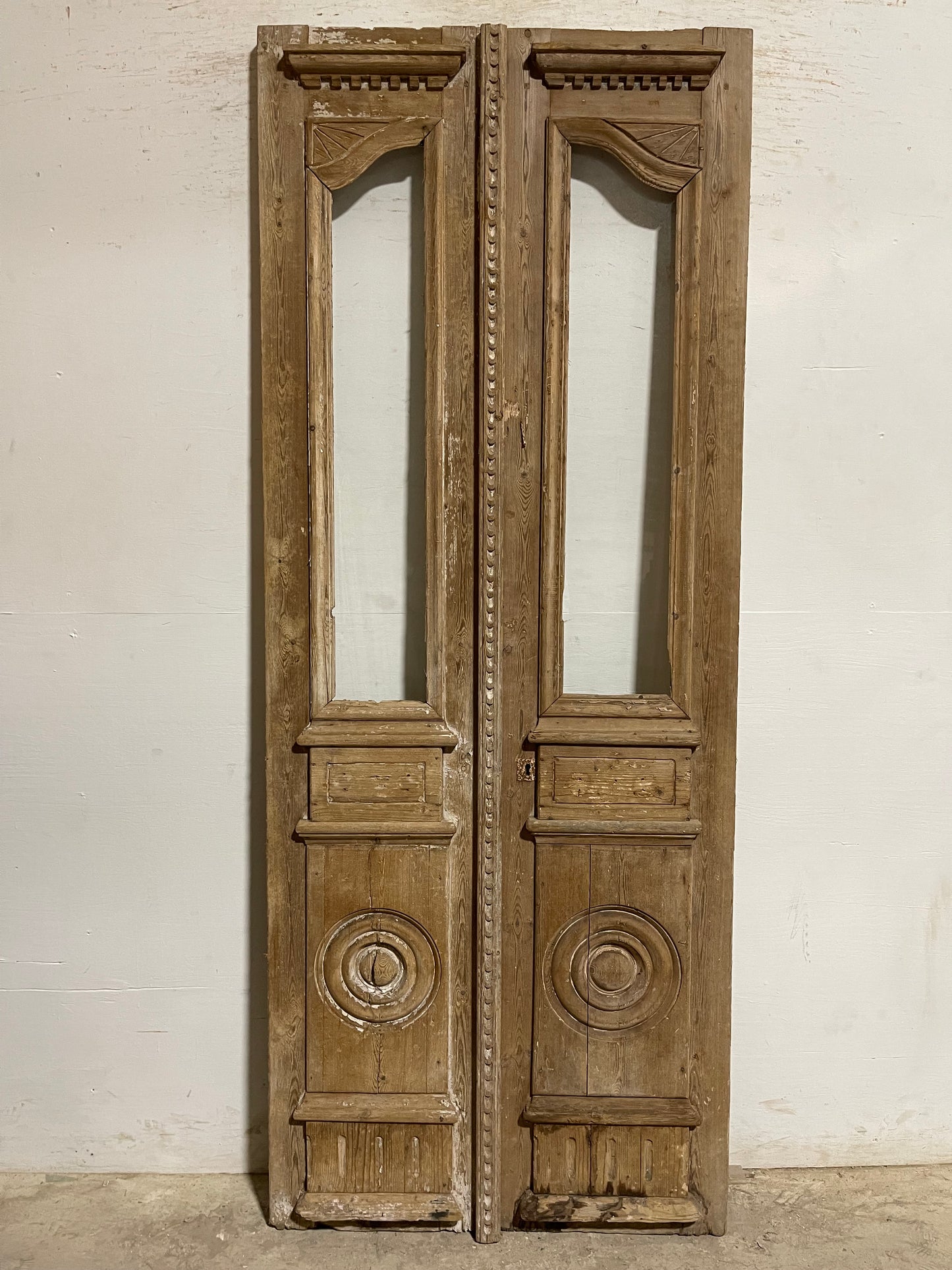 Antique French panel doors with glass and carving (91.25x36) L104