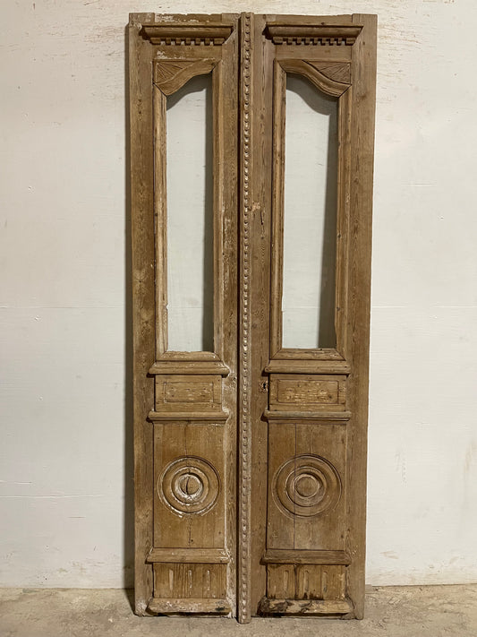 Antique French panel doors with glass and carving (91.25x36) L104