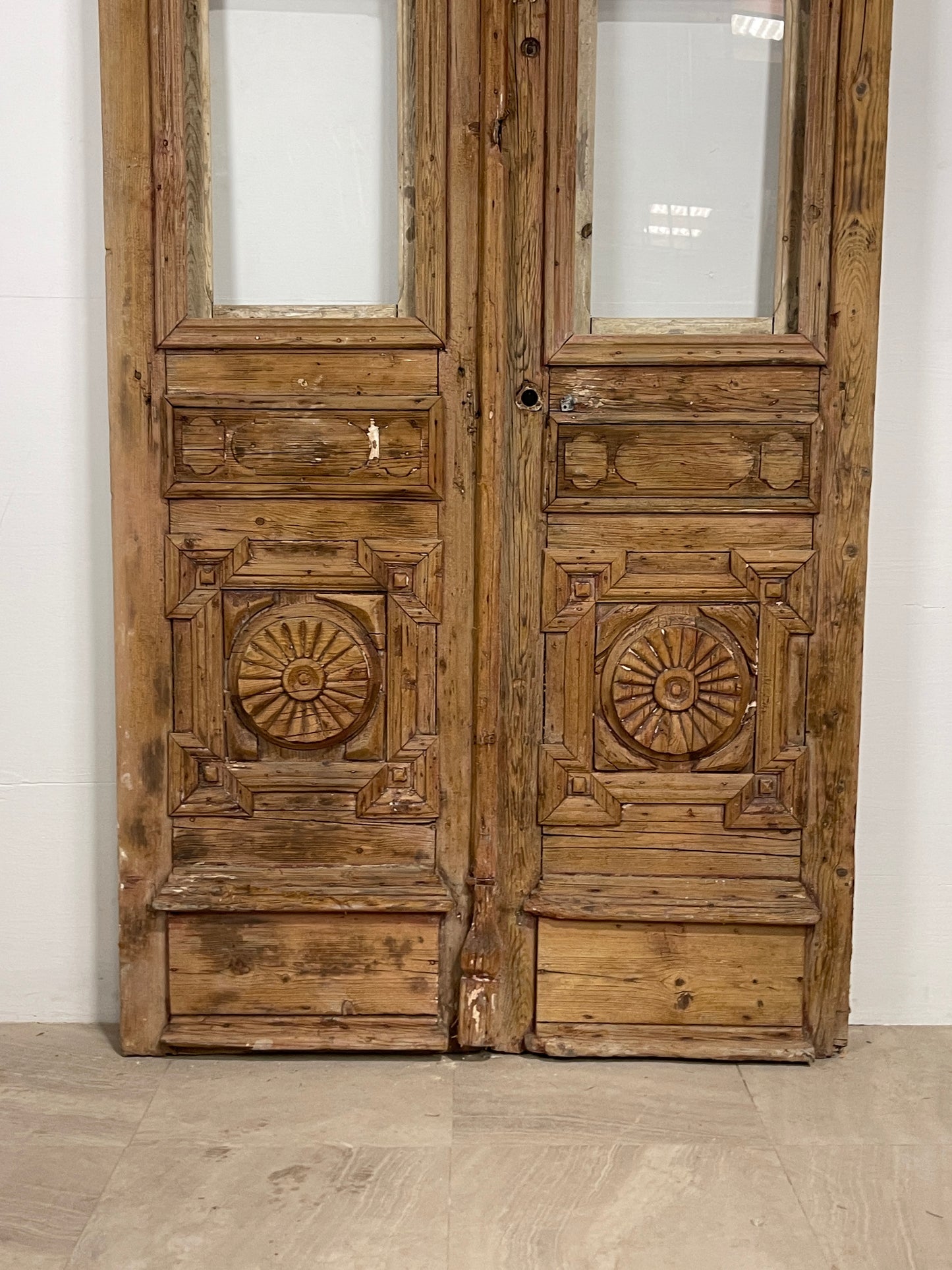 Antique French panel doors with Glass and Carvings  (104.5 x 47) O65