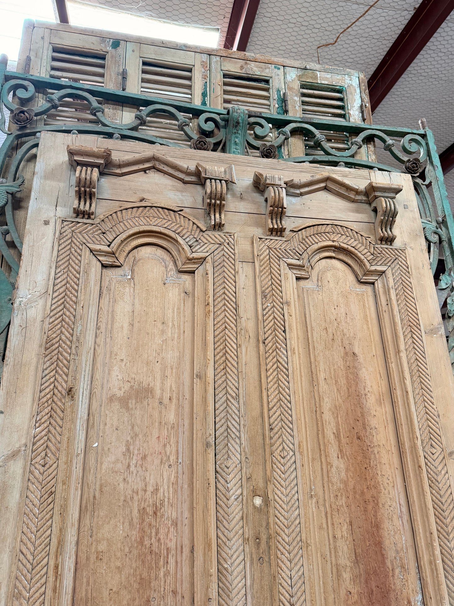 Antique French panel door with carvings (105x47) P133