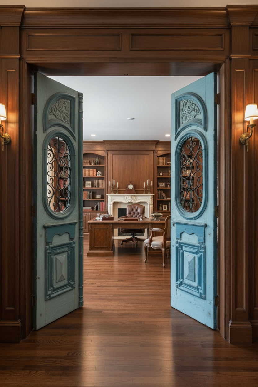 Antique French Panel Doors with Metal  (111 x 55)   N001