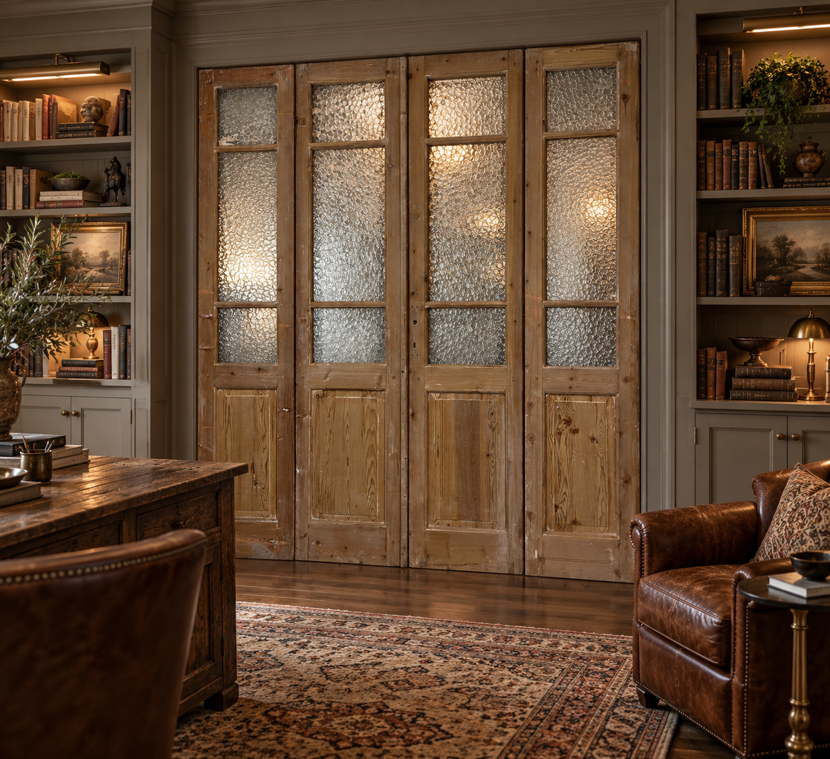 Antique French panel doors with Glass (87.25 x 75.5) O60 4 piece set